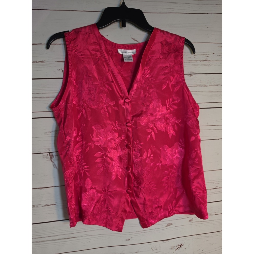 Morgan Taylor Pink Floral Satin Pajama Set Medium Sleeveless Button Top Shorts